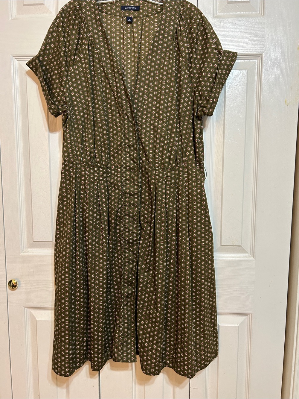 Lands' End Olive Green Short-Sleeve Midi Dress with Micro Dot Print